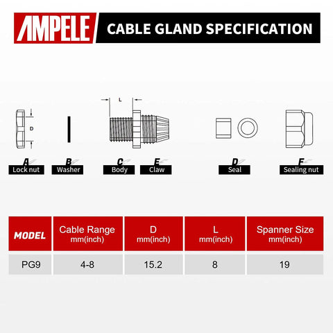 Diagram and specification of 20 Pack PG9 Waterproof Nylon Cable Glands With Gaskets Adjustable 4 to 8mm IP68 in black for electrical junctions.