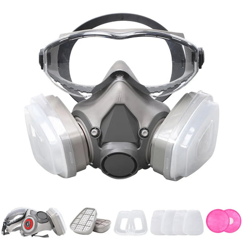 Front view of 2 In 1 Half Face Respirator With Replaceable Filters For Painting, Welding And Woodworking, with integrated goggles.