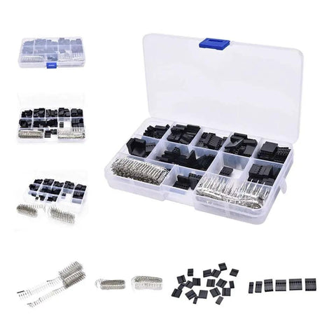 620 Piece 2.54mm Connector Kit For Breadboard Prototyping with male and female pin headers, crimp pins, jumpers in storage box