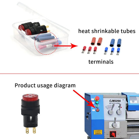 16mm Red Buzzer Indicator Light Lamp 12V DC LED with 0.63 Inch Round Cap Alarm Signal usage diagram with terminals and tubes