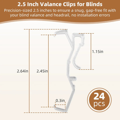 Rock Solid 24 Pack Clear Valance Clips For 2.5 Inch Blinds And Window Shades detailed size dimensions for snug fit design