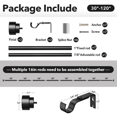 Package contents of Heavy Duty Black Curtain Rod For Windows 66 To 120 Inches, includes rods, finials, brackets, and screws.