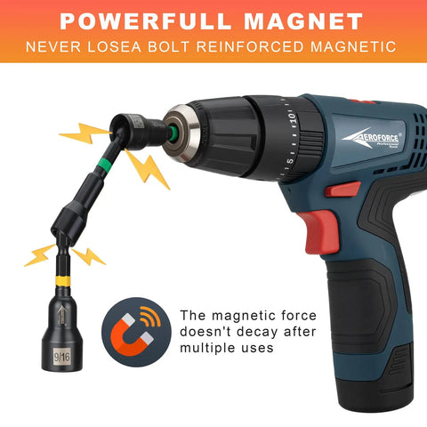 Drill with Beast 41-Piece Magnetic Nut Driver Set With Impact Bits For Quick Work attached, highlighting magnetic strength.