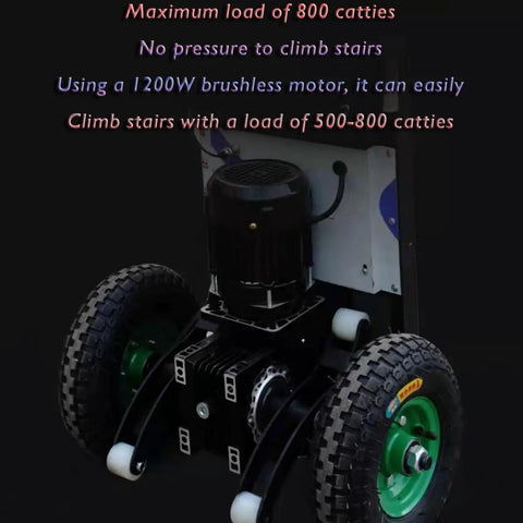 Heavy Duty Electric Hand Truck For Stairs Climbing Cart With Brushless Motor And 400Kg Load Capacity showing 1200W motor and large durable wheels.