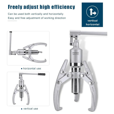 Heavy Duty Hydraulic Gear Puller 30 Ton Capacity With Storage Case Includes 3 Jaw Bearing Hub Separator For Vertical And Horizontal Auto Repairs, showcasing adjustable use.