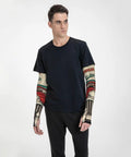 Fresh Retro Garage Mechanic Arm Sleeves With Thumb Holes UPF Sun Block Super Lightweight Cooling Wrap For Golf Weekend Drives And Keeping Arms Straight Up Chill worn by a man with a black t-shirt.