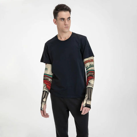 Fresh Retro Garage Mechanic Arm Sleeves With Thumb Holes UPF Sun Block Super Lightweight Cooling Wrap For Golf Weekend Drives And Keeping Arms Straight Up Chill worn by a man with a black t-shirt.