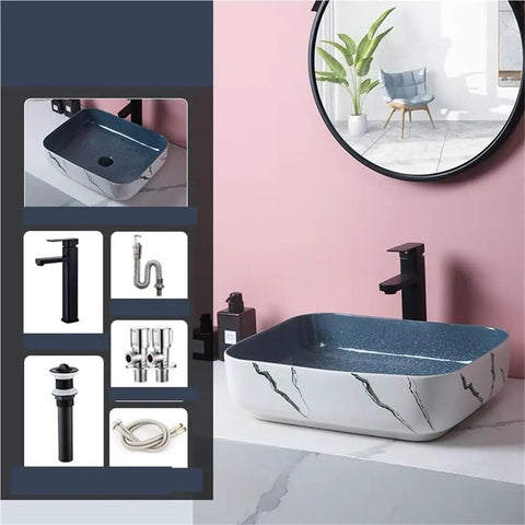 USZWBY Modern Nordic Art Above Counter Ceramic Rectangular Vessel Sink Thickened Basin for Bathroom Countertop Vanity with faucet and stylish wall mirror.