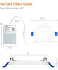 Dimensions of the 4 Pack 4 Inch LED Recessed Canless Ceiling Lights With Junction Box For Home Or Office 3000K 4000K 5000K Adjustable Color Temp