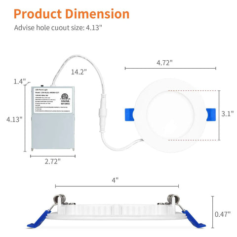 Dimensions of the 4 Pack 4 Inch LED Recessed Canless Ceiling Lights With Junction Box For Home Or Office 3000K 4000K 5000K Adjustable Color Temp