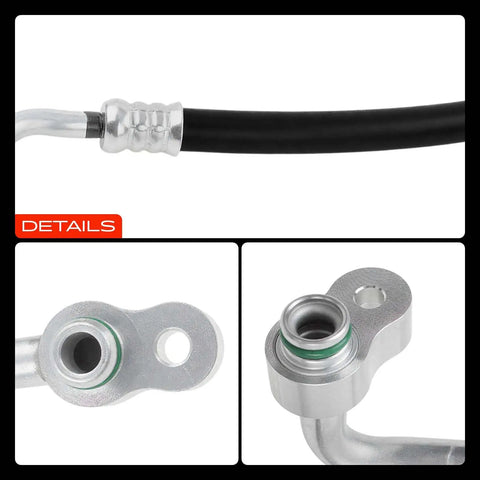 Premium AC Discharge Line Hose Assembly For Honda CRV EXLX And LX Variants 2007 To 2011 close-up of aluminum fittings and black hose.