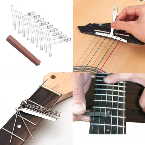Pro Grade Guitar Tool Kit For Setup And Repair, Deluxe Luthier Tools Bundle with fret files, radius gauges, and feeler gauge in use