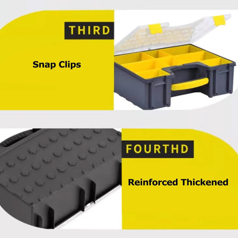 Adjustable Plastic Toolbox With Flexible 9 Compartment Layout, featuring snap clips and reinforced thickened base
