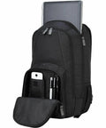 Hustle Hard Laptop Backpack For Up To 17 Inch Machines, Water Repellent Travel Daypack With Padded Tech Vault And Flexible Organization, Slick Black Commuter Bag showcasing laptop compartment and front pocket.