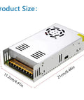 Dimensions of Versatile 24V DC Power Supply 360W 15A with three output channels for LED strips, 21cm x 11.2cm x 5cm