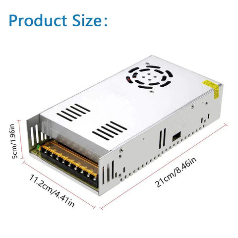 Dimensions of Versatile 24V DC Power Supply 360W 15A with three output channels for LED strips, 21cm x 11.2cm x 5cm