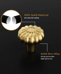 Close-up of gold brushed brass cabinet knob with solid zinc alloy highlights and material description for 8 Pack Gold Brushed Brass Cabinet Knobs And Drawer Pulls For Kitchen Cupboards Decorative Solid Zinc Alloy Handles With 1 Inch Standard And 1.77 Inch Breakaway Screws Suitable For 11/16 To 1-3/5 Inch Door Thickness.