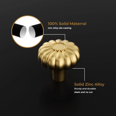 Close-up of gold brushed brass cabinet knob with solid zinc alloy highlights and material description for 8 Pack Gold Brushed Brass Cabinet Knobs And Drawer Pulls For Kitchen Cupboards Decorative Solid Zinc Alloy Handles With 1 Inch Standard And 1.77 Inch Breakaway Screws Suitable For 11/16 To 1-3/5 Inch Door Thickness.