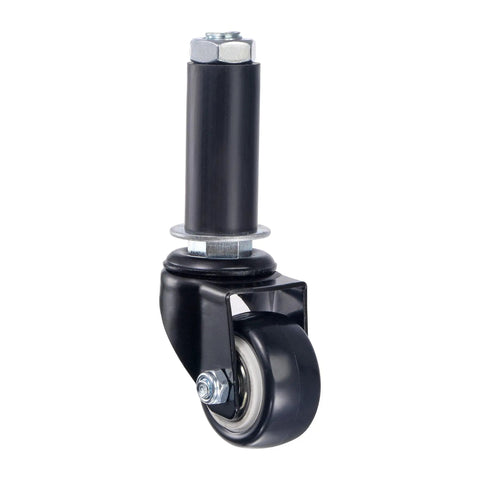 Heavy Duty Swivel Expanding Stem Casters With 1.5 Inch PVC Wheels For Kitchen Prep Tables Ball Bearing Design side view of caster with black PVC wheel.