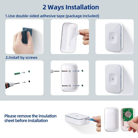 Installation guide for Long Range Wireless Doorbell Kit With 1200 Feet Range, Battery Operated, showing tape and screws.