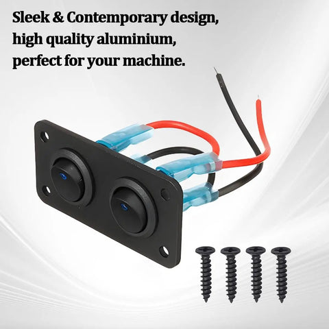 Two Gang Rocker Toggle Switch Panel for cars with LED lighted 12V 10A waterproof SPST on off switches shown with screws and wires