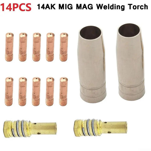 MIG MAG Welding Torch Consumables Kit 14 Piece 14AK Compatible Gas Nozzle Contact Tips Nozzle Holder, copper tips and nozzles