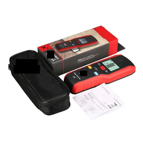 Top Shelf Handheld Wall Scanner And Stud Finder Delivers Hella Accurate Scanning Of Wood Framing Metals AC Wires Plus Live Copper Conductors For Super Easy Drywall Work with black carrying case and manual.