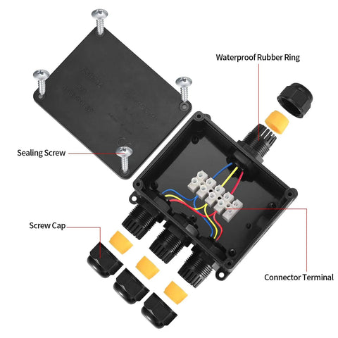 Open Outdoor IP68 Waterproof 4-Way Junction Box Enclosure Built Tough For Underground Wiring with visible connectors and screws.