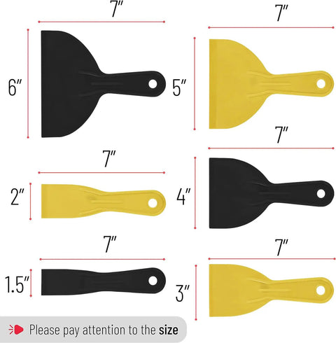 Image showing a Six Piece Plastic Putty Knife Set With Black And Yellow Handles For Smooth Spackle, Paint Scrapers, And Spreading On Walls And Ceilings, Durable Plastic Tools For Quick Repairs And DIY Projects with various sizes labeled.