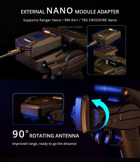 External Nano module adapter with 90° rotating antenna for Open Source Surface Radio Controller MT12 With 2.4G ExpressLRS And 4in1 Multi Protocol For RC Cars And Boats ELRS Ready With Receiver EdgeTX Supported 10 Inputs Up To 32 Channels Pro Grade Gear For Serious RC Hobbyists