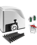 RK500T Heavy Duty Automatic Sliding Gate Opener Rack Drive Electric Gate Motor for Driveway Gates Up To 1300 Pounds AC Powered with Nylon Gear Rack and Remote Control, featuring motor, gear rack, remotes, and manuals.