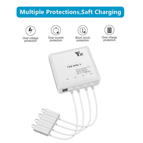Fast 6 In 1 Parallel Battery Charger For DJI Mini 4 Pro And Mini 3 Pro Drones with multiple protection features displayed.