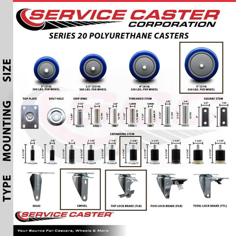 Heavy Duty Stainless Steel Polyurethane Swivel Casters Set Of 4 With 5 Inch Blue Glide Wheels and 1 3/8 Expanding Stems.