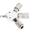 Air Splitter 3 Way Manifold With 1/4 Inch NPT Quick Connect, Antirust Aluminum Pneumatic Fittings, angled view