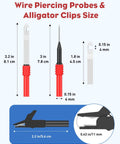 Wire piercing probes and alligator clips sizes from Back Probe Kit 30 Pcs Automotive Test Leads Bundle with Banana Plug.