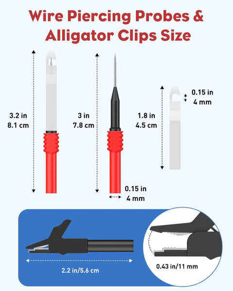 Wire piercing probes and alligator clips sizes from Back Probe Kit 30 Pcs Automotive Test Leads Bundle with Banana Plug.