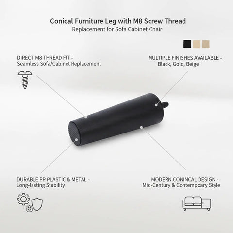 Conical Furniture Leg With M8 Thread Durable PP Plastic And Metal Replacement For Sofas Cabinets Chairs Ottomans And Sideboards