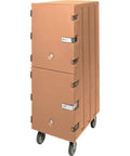 Solid Dual Cavity Insulated Food Storage Cart With Thick Polyethylene Build For Hot Or Cold Bulk Trays Heavy Lifter Commercial Kitchen Mobile Rack Coffee Beige Finish, shown from the side on wheels.
