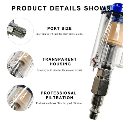 Pro Grade Water And Oil Separator Filter For Air Tools And Air Compressors Mini In Line Filtration One Quarter Inch NPT with transparent housing