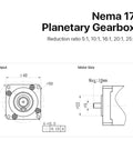 Nema17 Planetary Gearbox Motor Speed Reducer with detailed dimensions for ratios 5 to 25 to 1 and motor size specifications.