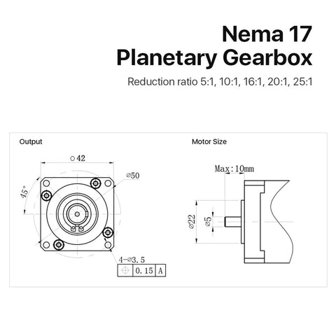 Nema17 Planetary Gearbox Motor Speed Reducer with detailed dimensions for ratios 5 to 25 to 1 and motor size specifications.
