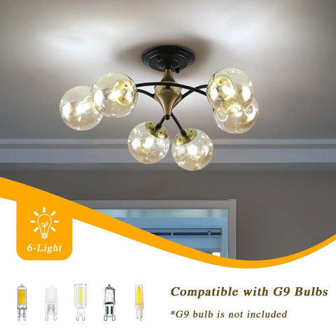 Bold Black Chandelier Lighting With Glass Orbs, Dope Modern Dining Room Pendant Light, 6-light arrangement, installed view