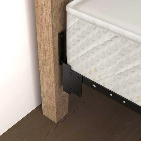 Four Piece Black Headboard Adapter Brackets Straight Shoot Install Bed Rail Hooks Adjustable Steel Connectors attached to bed frame.