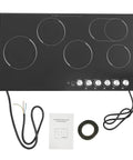 Quick Cookin' Electric Ceramic Cooktop With Five Adjustable Burners Infrared Stove Top shown from above with control knobs and installation guides.
