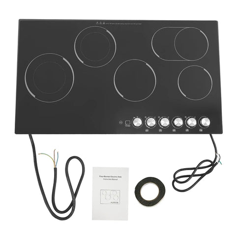 Quick Cookin' Electric Ceramic Cooktop With Five Adjustable Burners Infrared Stove Top shown from above with control knobs and installation guides.