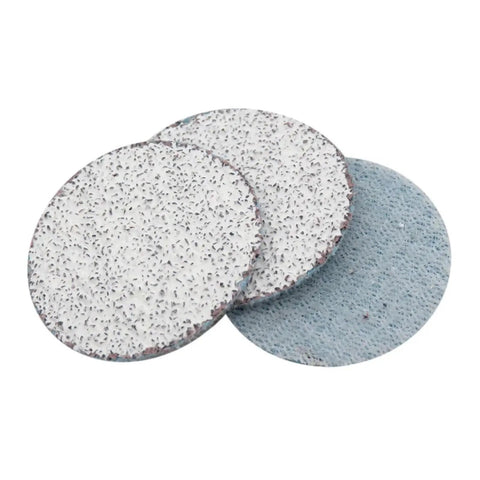Kick Up Some Dust With These 1 Inch White Dry Sanding Discs Featuring Hook And Loop Backing For Easy Swapping Across 50 Pieces Ranging From 60 Grit Rough Grinding To 1000 Grit Smooth Finishing Perfect For Any DIY Or Pro Project Needing Serious Grip And, showing three sanding discs with textured surfaces.