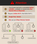 Diagram showing installation and compatibility details for Smart WiFi Light Switch For Single Pole Lights 2.4Ghz Works With Alexa and Google Home.