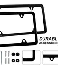 Stainless Steel License Plate Frames 2 Pack With 4 Hole Mount For US Vehicles Includes Screws Washers Caps Black Built Tough All Weather Car Exterior Accessory with installation hardware.