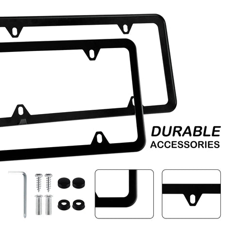 Stainless Steel License Plate Frames 2 Pack With 4 Hole Mount For US Vehicles Includes Screws Washers Caps Black Built Tough All Weather Car Exterior Accessory with installation hardware.