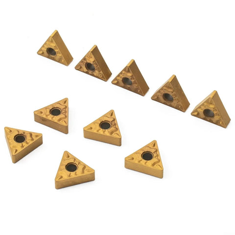 TNMG160408 HQ LF9011 TNMG332 carbide turning inserts for steel 10 pack, indexable lathe blades gold color arranged on white surface.